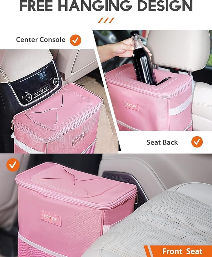 HOTOR Car Trash Can with Lid and Storage Pockets - 100% Leak-Proof Organizer, Waterproof Garbage Can, Multipurpose Trash Bin for Car, 2 Gallons, Pink - Image 7