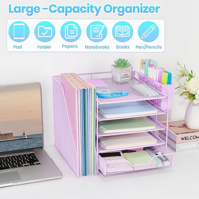 Desk Organizers and Accessories, 5-Tier Paper Letter Tray Organizer with File Holder, Drawer & Pen Holder, Office Desk Accessories, Desktop Organizer for Classroom Office Supplies, Purple - Image 6