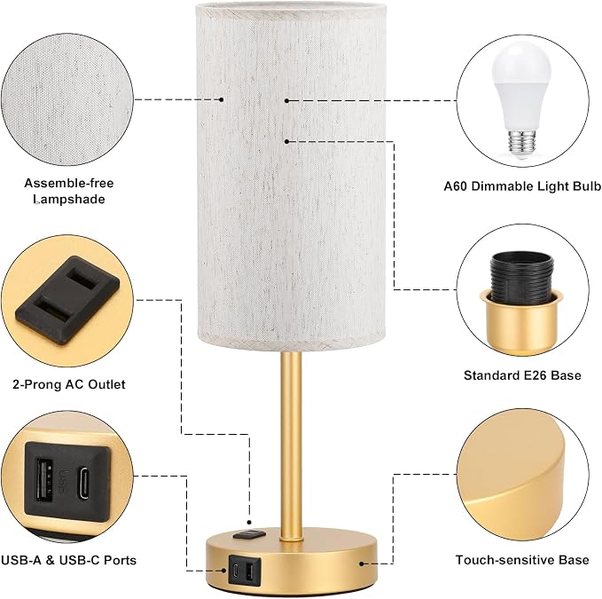 Fenmzee Touch Table Lamp - Cream, 3-Way Dimmable, USB A + C Charging, AC Outlet, 17.4inch Medium, Gold Metal Base - Image 5