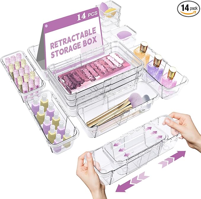 14 Pcs Clear Drawer Organizer, Adjustable Drawer Storage Box, 3-Size Desk Drawer Organizer, Acrylic Storage Bins for Makeup, Cosmetic, Kitchen Utensils, Bedroom Dressers Tool Organizer for Gadgets by Hiitytin