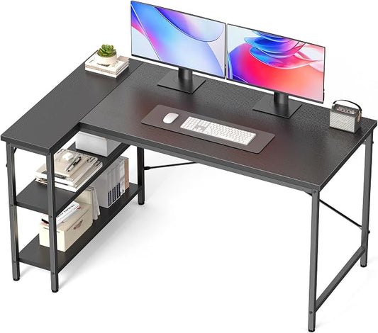 DUMOS 47 Inch L Shaped Desk, Computer Gaming Corner Desks with Shelves | Home Office PC Table, Writing Working Study Desk for Bedroom Dorm, Reversible Design, Black by DumosLifestyle