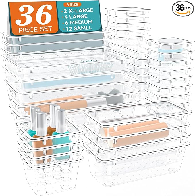ElegantArray 36 PCS Drawer Organizer Set, 4 Sizes Tool Storage Trays, Clear Plastic Makeup Vanity Organizer and Storage Bins for Makeup, Stationeries, Multiple Gadgets for Bathroom, Office, Bedroom by Unknown
