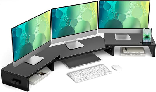 BONTEC Triple Monitor Stand Riser with Smartphone Holder, Black | Adjustable Length & Swivel Angle, Ergonomic Wooden Desktop Organizer for PC Monitor, Laptop, Printer, Large Storage, 53.3 in by BONTEC
