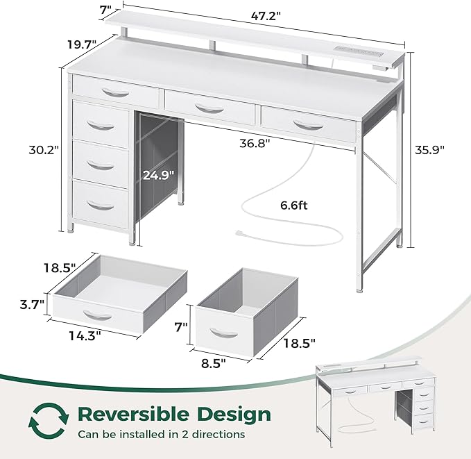 Huuger Gaming Desk with 6 Drawers, Computer Desk with LED Lights Power Outlets and Type-C, 47 Inch Office Table with Storage, Monitor Stand, Writing & Work Home Office, Bedroom, Study, White - Image 3