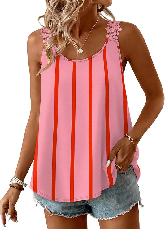 OFEEFAN Tank Top for Women Loose Fit Crew Neck Sleeveless Shirts Strap Lace Camisole Chiffon Summer Tops Curved Hem by OFEEFAN