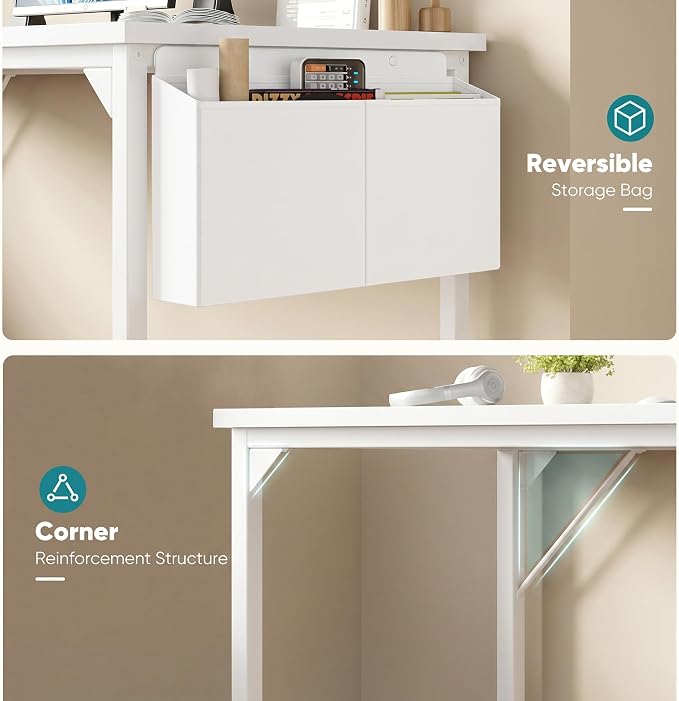 OLIXIS Computer Desk, 63 Inch Gaming Desks for Home Office Small Spaces | Writing Study Craft Work Table, Computer Workstation for Bedroom with Storage Bag, All White - Image 8