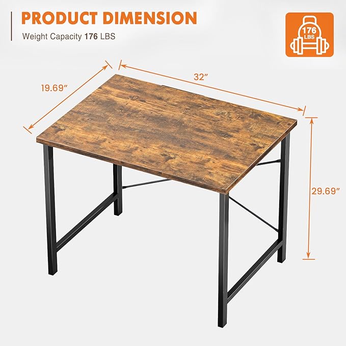 Sweetcrispy 32-Inch Small Computer Desk for Bedroom, Brown | Gaming Writing Work and Study Desk for Home Office, Sturdy Metal Frame and Compact Modern Design with X-Shaped - Image 3