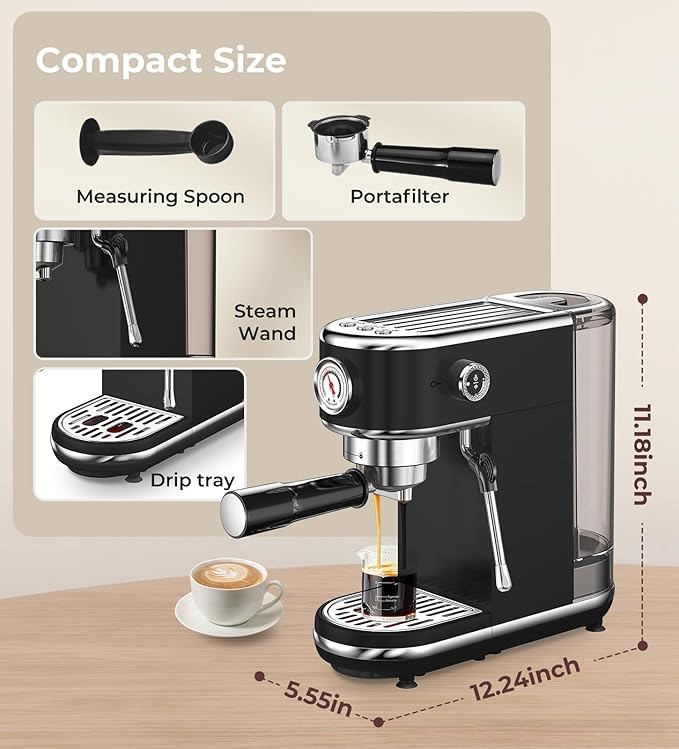atatix 20 Bar Espresso Machine with Milk Frother, Compact Espresso Maker | Black Stainless Steel Coffee Machine,with Precise Temp Contro, 44oz Removable Water Tank for Latte, Cappuccino - Image 9