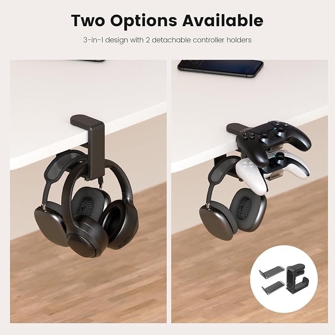 3in1 Rotating Headphone Holder - EURPMASK 3in1 PC Gaming Headset Holder w/Detachable Controller Holder, Adjustable Clamp-on Headset Stand,Headphone Hanger Hook Under Desk w/Cable Clip Organizer - Image 7