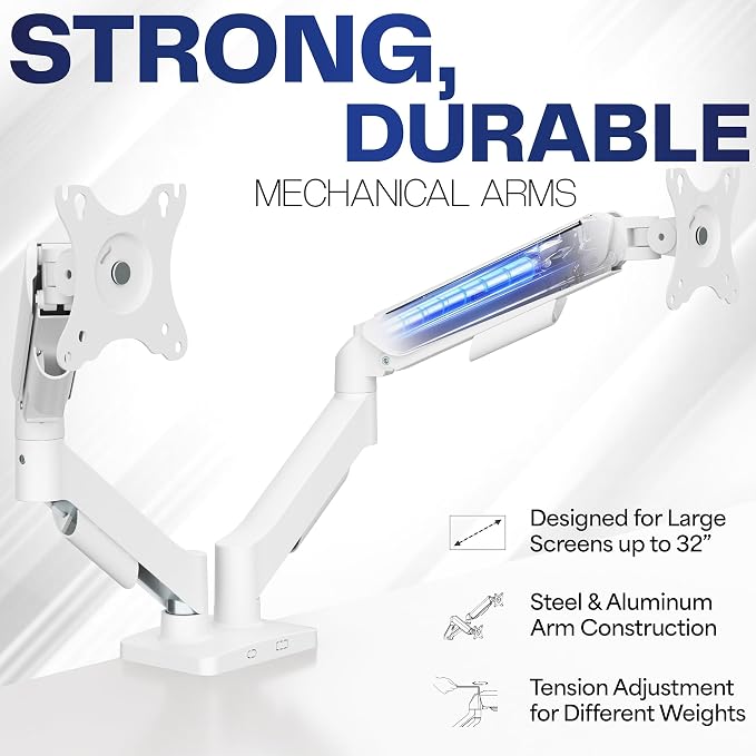 VIVO Dual Monitor Stand, Fully Adjustable Arms for 17 to 32 inch Screens, Mechanical Articulating Desk Mount, Gaming and Office Setups, VESA 75x75, 100x100, Max 19.8 lbs, Classic, White, STAND-V002OW - Image 3