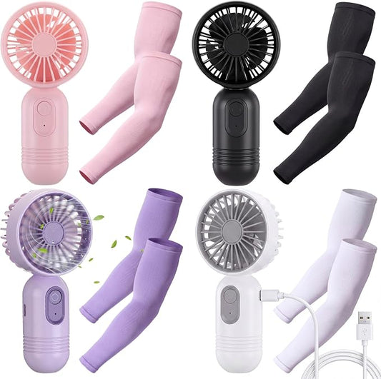8 Pcs Summer Portable Cooling Kit, USB Rechargeable Handheld Fan with UPF 50 Cooling Arm Sleeves for Men Women, Mini Fan and Sun Protection Sleeve Set for Beach Travel Camping Golf Running by Unknown