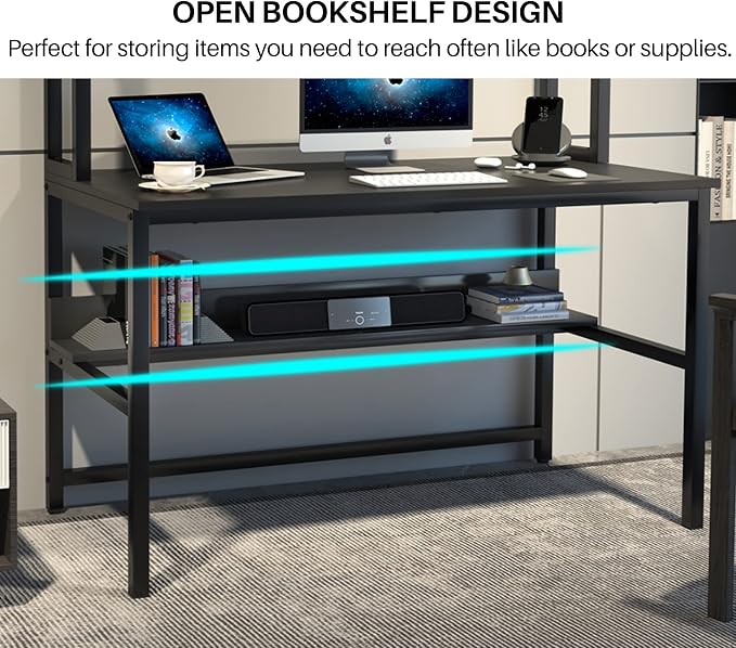 Aquzee Computer Desk with Hutch and Bookshelves, Large Leg Room 55 inch Width Black Desk with Space Saving Storage Shelves, Easy Assemble and All Hardware and Tools Included - Image 7