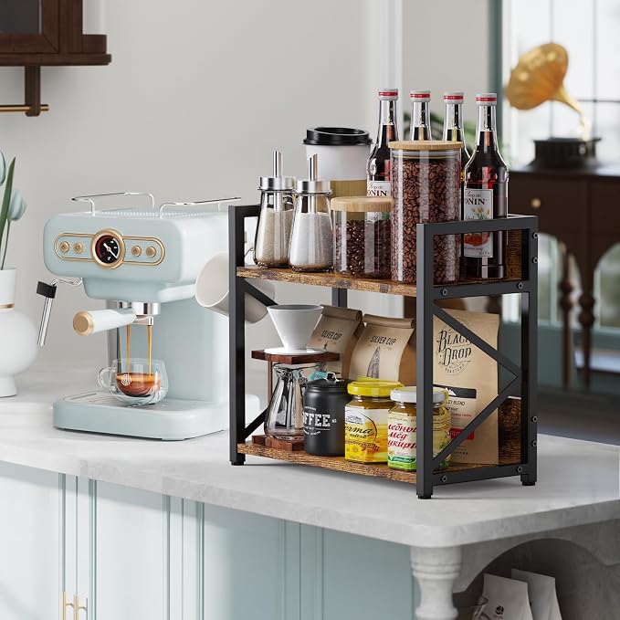 RUILALIFE 2 Tier Kitchen Counter Shelf Organizer, Coffee Bar Station Organizer for Countertop，Space Saving Spice Rack, Desk Shelf Riser, Coffee Bar Accessories(Rustic Brown, Medium) - Image 3