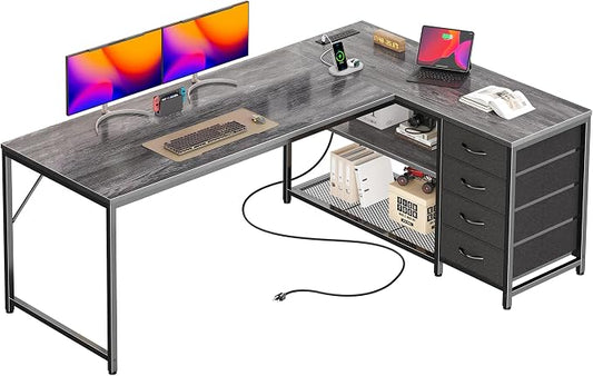 PRAISUN 61" L Shaped Desk with Power Outlets & USB-C Port, Reversible Computer Corner Office Desk with 4 Fabric Drawers and 2 Storage Shelves, Large Desk for Gaming Writing Study, Grey by PRAISUN