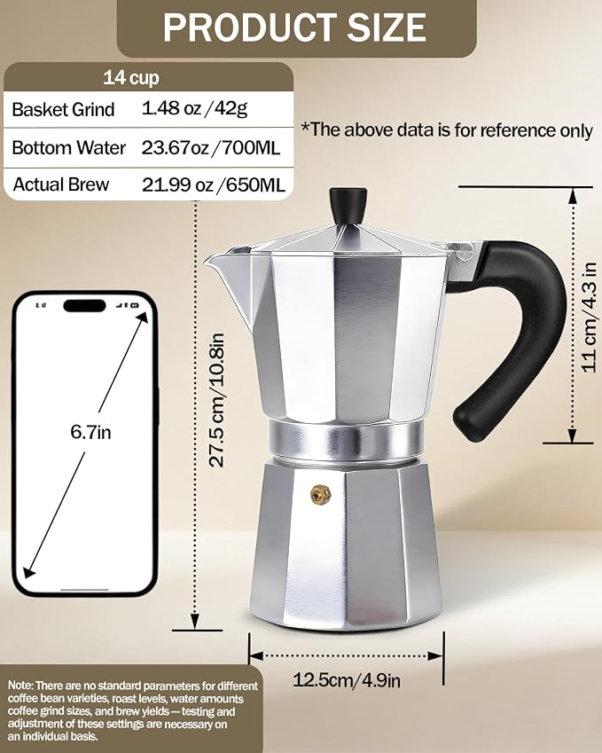 Coffee Maker Stovetop Espresso Maker 14 Cup Aluminum Moka Pot Percolator 23oz 700ml Easy Brewing for Electric Ceramic Stoves Home Camping Italian Cuban Café Classic Silver - Image 2