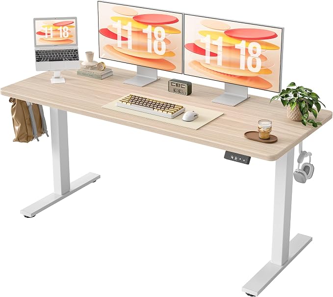 TIQLAB Electric Standing Desk, Adjustable Height Stand up Desk, 63 * 24 Inches Sit Stand Home Office Table with Splice Board, Light Walnut by TIQLAB