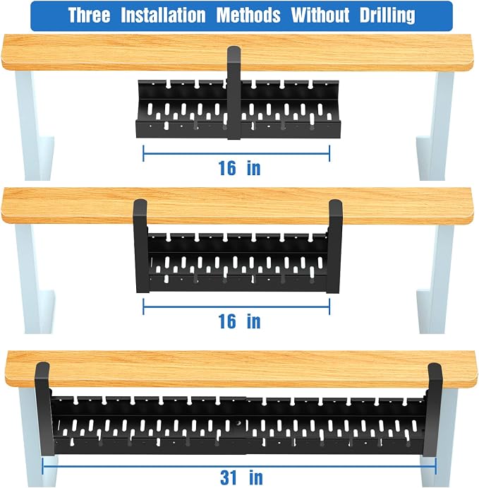 No Drilling Extendable Under Desk Cable Management, Metal Cable Management Tray Under Desk with Clamp, Retractable Power Strip Cord Holder for Wire Management 31Inch(1 Pack Black Extendable 31') - Image 3