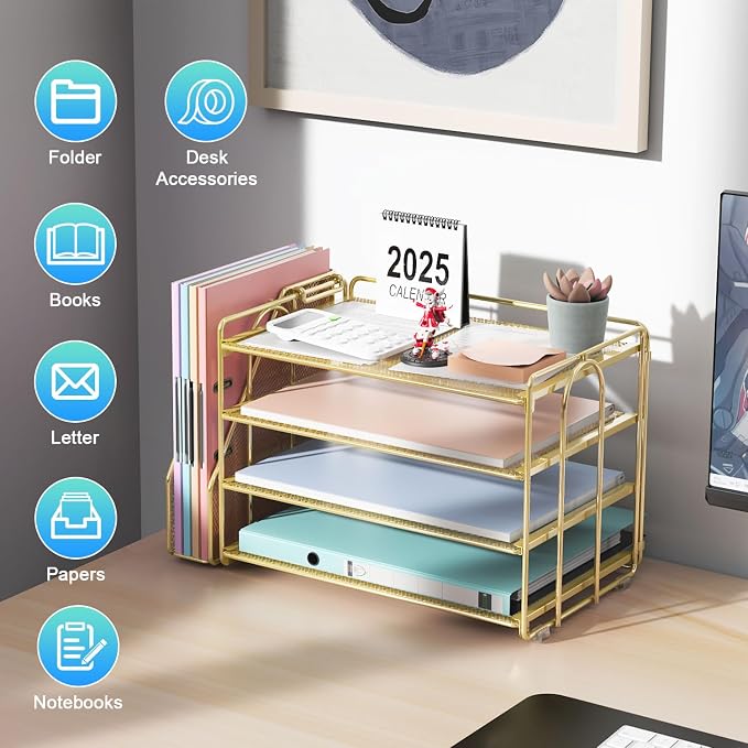gianotter 4-Tier Paper Organizer With Magazine Holder | Desk Organizers and Accessories, File Organizer for Office Supplies Storag (Gold, 4-Tier) - Image 2