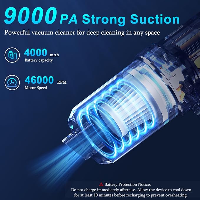 KMM Handheld Car Vacuum Cleaner, 9000Pa Vacuum Cleaner and Air Duster, 120W High Power Hand Held Vacuum with LED Light and Multi-Nozzles for Car, Home, Office, Pet - Image 3