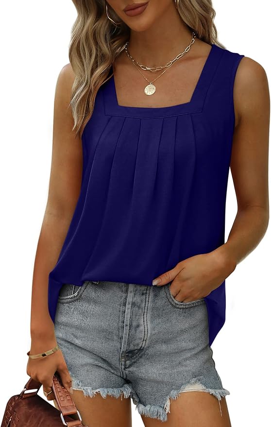 Saloogoe Summer Tank Tops for Women Loose Fit Pleated Square Neck Sleeveless Tops Curved Hem Flowy - Image 2