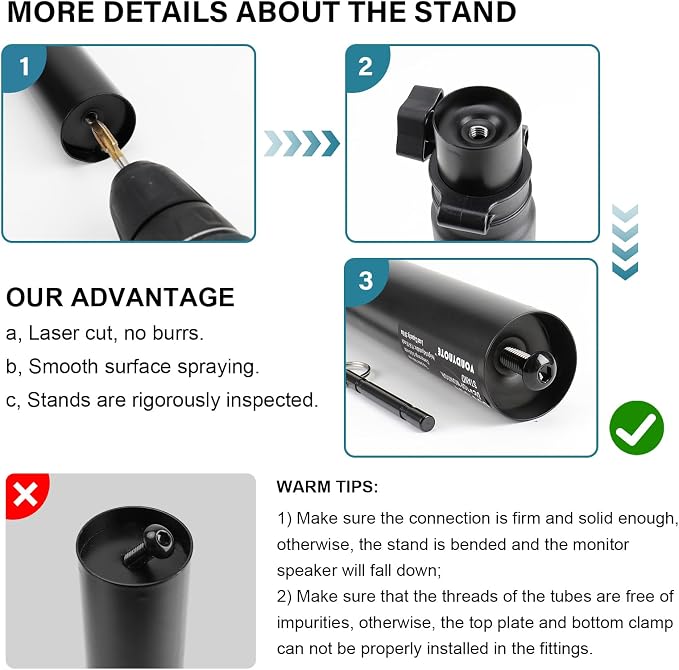 Vondynote Pair of Studio Monitor Stands Desk Clamp Speaker Stands 12°Tilt | Heavy Duty, 10.4"-15.4" Height Adjustable, for Monitor Speakers Laptop Projector CD Player - Image 6