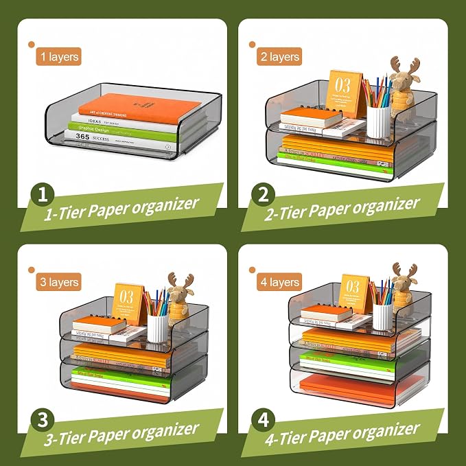 FANXIYQ 4-Tier Acrylic Paper Tray Organizer, Clear & Brown Paper Organizer | Stackable, Tool-Free Design with 2-4 Tiers for A4 Paper, Files, Books and Mail; Ideal for School, Home Office and Study Room - Image 4