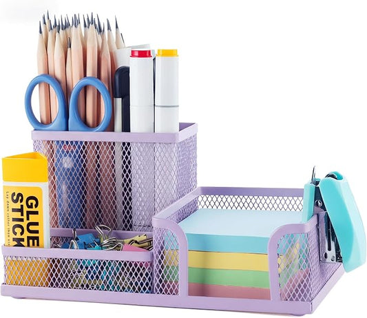 M&G Mesh Pen Holder Desk Organizers Pencil Holder for Desk Purple, 3 Compartments Metal Office Supply Organizer with Sticky Notes Holder for Home Office by MG