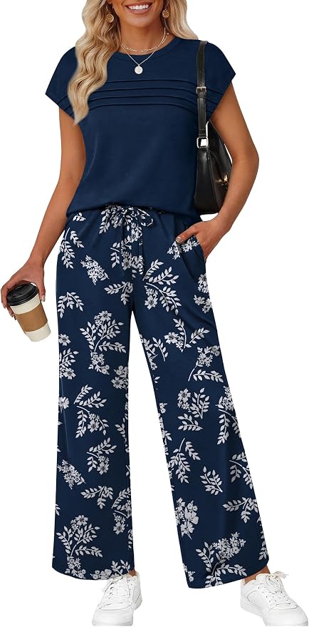 WIHOLL Two Piece Set for Women Summer Spring Outfits Matching Sets Women Clothing Airport Travel Vacation Wide Leg Pants by WIHOLL