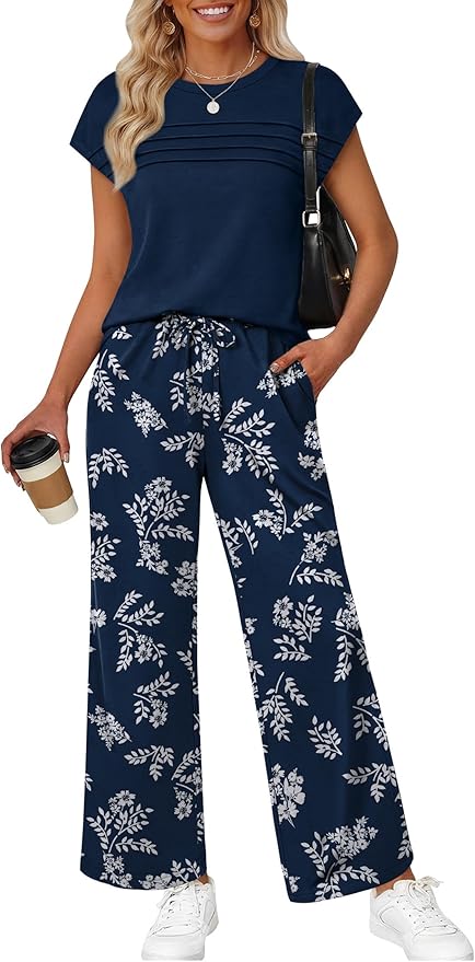 WIHOLL Two Piece Set for Women Summer Spring Outfits Matching Sets Women Clothing Airport Travel Vacation Wide Leg Pants by WIHOLL