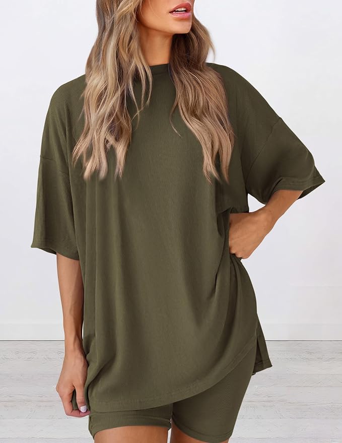 PRETTYGARDEN Women 2 Piece Lounge Set 2026 Summer Casual Oversized Shirts Biker Shorts Matching Airport Travel Outfit Clothes - Image 4