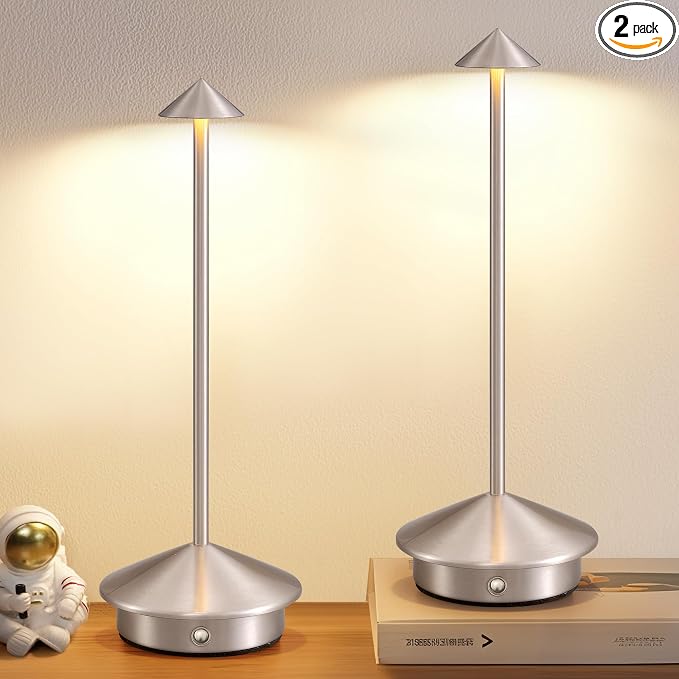 Modern Cordless Table Lamp Set of 2, Brushed Nickel LED Desk Lamps | 5000mAh, Rechargeable, Battery Operated Lighting for Bedroom, Dining Room, Restaurant, Coffee Shop, Camping, Night Light by NEWSEE