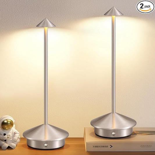 Modern Cordless Table Lamp Set of 2, Brushed Nickel LED Desk Lamps | 5000mAh, Rechargeable, Battery Operated Lighting for Bedroom, Dining Room, Restaurant, Coffee Shop, Camping, Night Light by NEWSEE