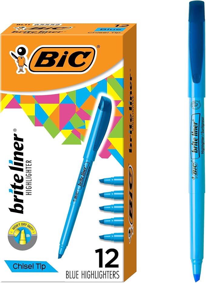 BIC Brite Liner Highlighters, Chisel Tip, 12-Count Pack of Blue Highlighters, Ideal Highlighter Set for Organizing and Coloring | Translucent Ink for Clear Emphasis, Ideal Set for Organizing and Coloring, Writes Up to Eight Hours Without Drying Out by BIC
