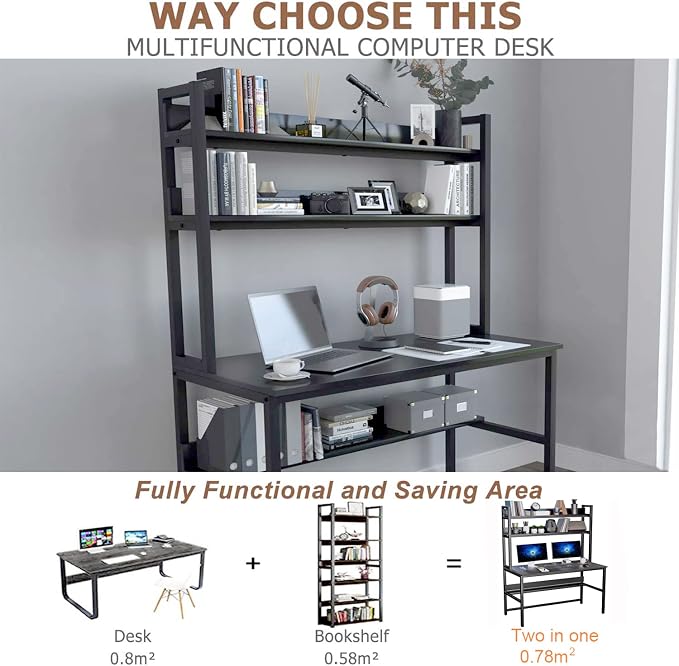 Aquzee Computer Desk with Hutch and Bookshelves, Large Leg Room 47 inch Width Black Desk with Space Saving Storage Shelves for Home Office,Study, Work, Easy Assemble - Image 8