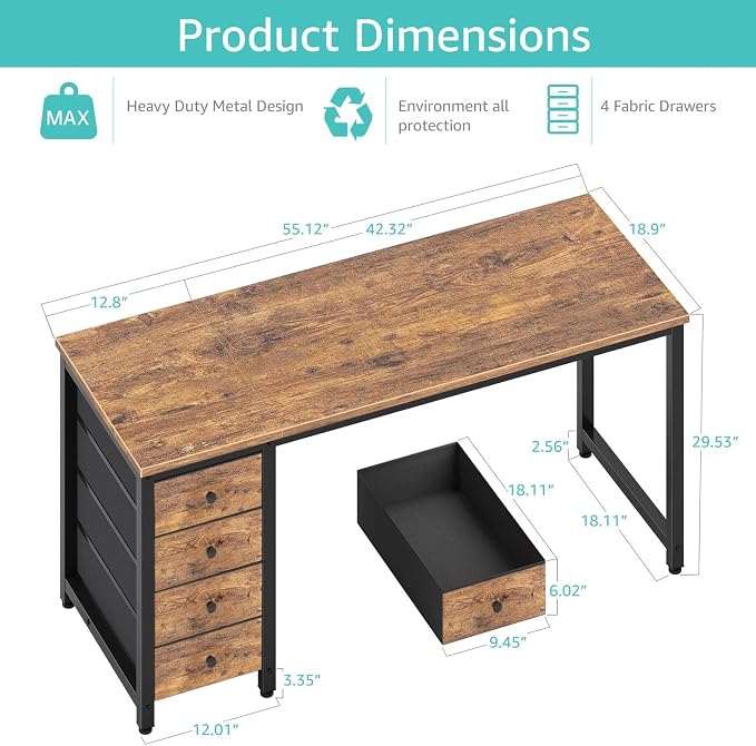 Lufeiya Computer Desk with Drawers - 55 Inch Long Study Work Writing Desk for Home Office Bedroom, Reversible Simple Modern Cute PC Desks with Fabric Drawer, Rustic Brown - Image 3