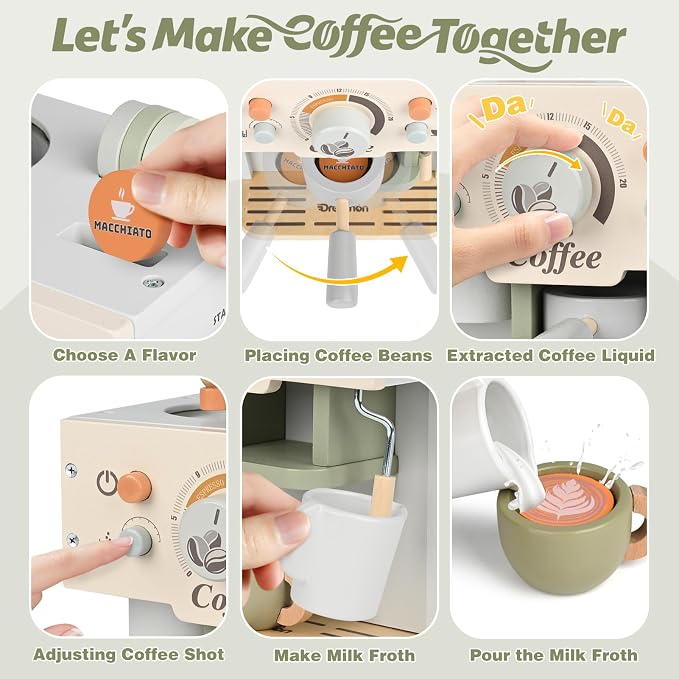 Toy Coffee Maker Wooden Kitchen Accessories for Kids Pretend Play, Green | Dreamon Kids Coffee Playset, Built-in Storage, Montessori Kitchen Toys for Toddlers Age 3-5 Creative Christmas Birthday Gifts - Image 4