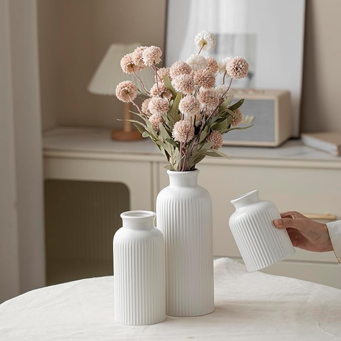 Large Modern Ceramic Vase Set, White Ribbed Matte Design, 10 Inch Tall, 4 Inch Width, 3-Piece Decorative Vases for Home, Living Room, Office (XL Matte Glaze White) - Image 3