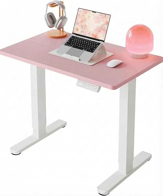 HUANUO 32" Small Electric Standing Desk Adjustable Height, 4 Memory Height Settings, Sit Stand Up Desk for Home Office & Computer Workstation, Pink by HUANUO