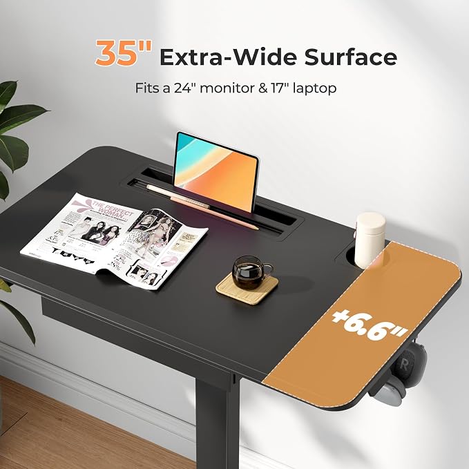 Mobile Standing Desk with Drawer, 35"×20" Small Desk, Black | Portable Laptop Workstation with Cup Holder and Hooks, Height Adjustable Rolling Desk with Wheels, Teacher Classroom Use - Image 5