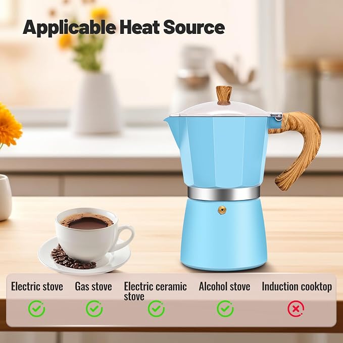 9 Cup Aluminum Moka Pot Classic Stovetop Espresso Coffee Maker 450ml 15oz Coffeemaker Percolator Mocha Pot Greca Coffee Maker Cafe Makers for Italian and Cuban Café Brewing Blue - Image 4