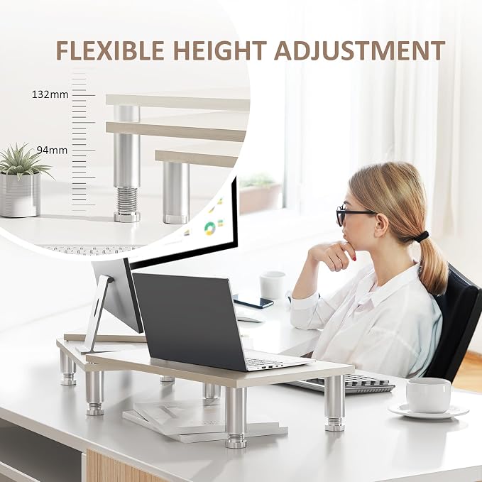 AX Waber Dual Monitor Riser - Adjustable Length & Angle, Wooden Stand for 2 Monitors with Storage - Image 2