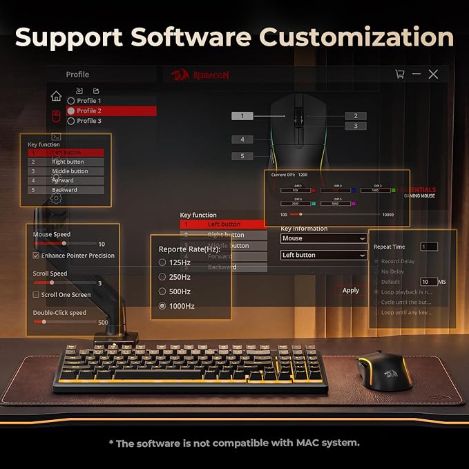 Redragon S156 Wireless Keyboard and Mouse with Tri-Mode, Mechanical Feel Keyboard and 4800 DPI 61G Ultra-Light Gaming Mouse, RGB Backlit, 4 Macro Keys, Long Battery Life for PC, Mac, Ideal for Gamer - Image 8