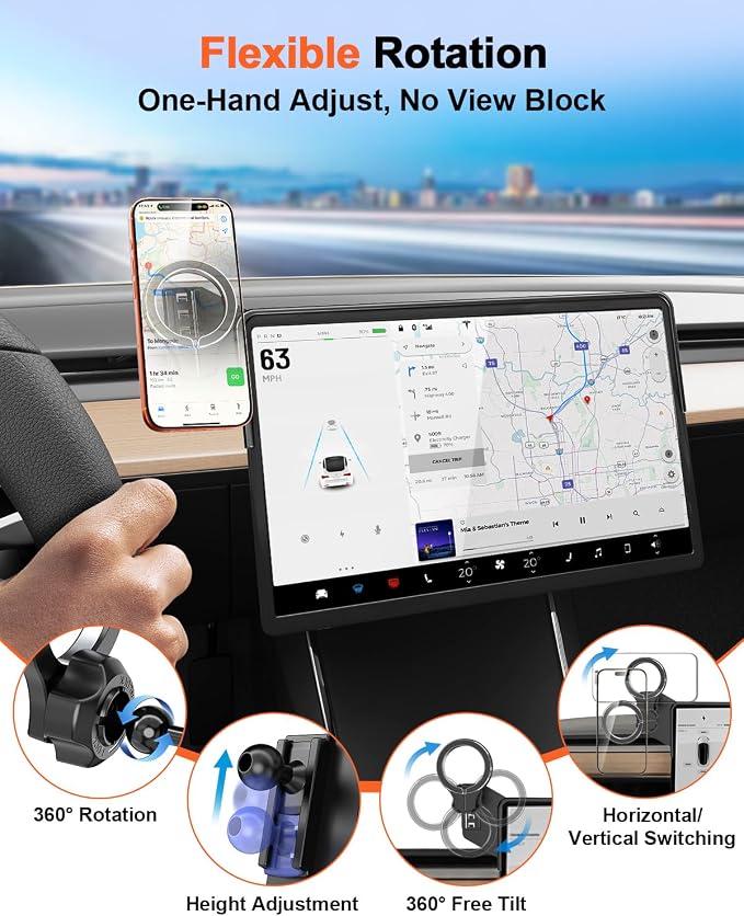 Magnetic Car Mount for Tesla Model Y 2020 2021 2022 2023 2024 & Model 3 2017 2018 2019 2020-2023: 360° Adjustable Car Touch Screen Phone Holder Made for Model 3/Y, for Magsafe iPhone Accessories - Image 3