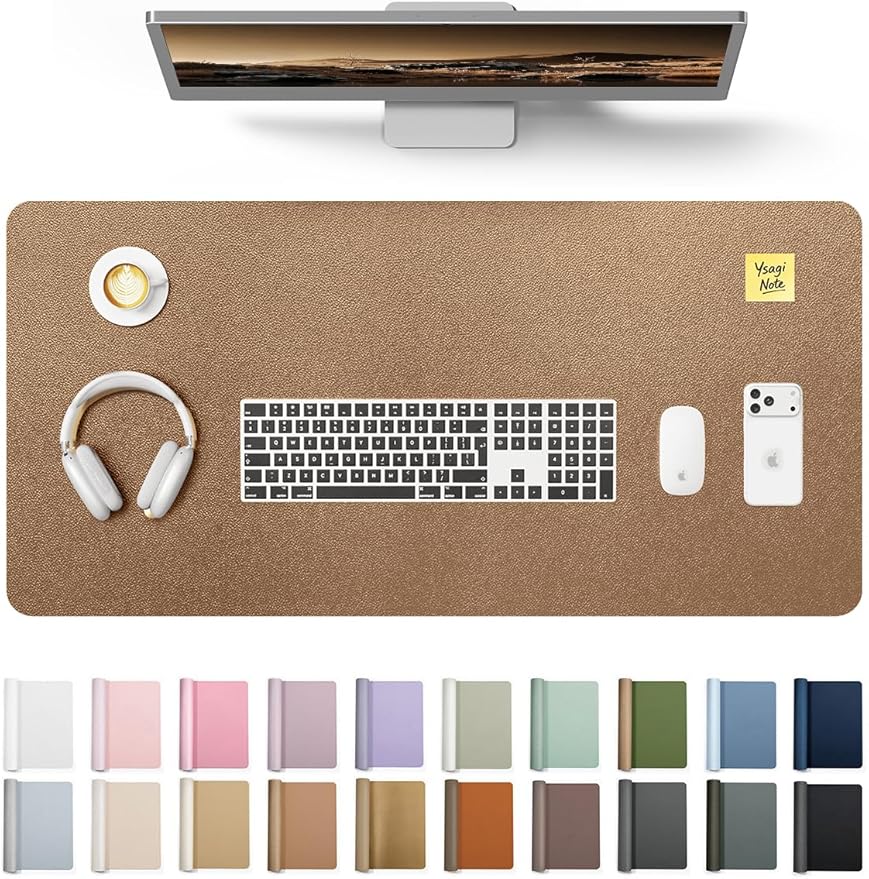 YSAGi Leather Desk Protector, Office Mat, Large Mouse Mat, Non-Slip PU Leather Blotter, Laptop Desk, Waterproof Writing Pad for Office and Home (Shiny Bronze, 35.4" x 17") by YSAGi