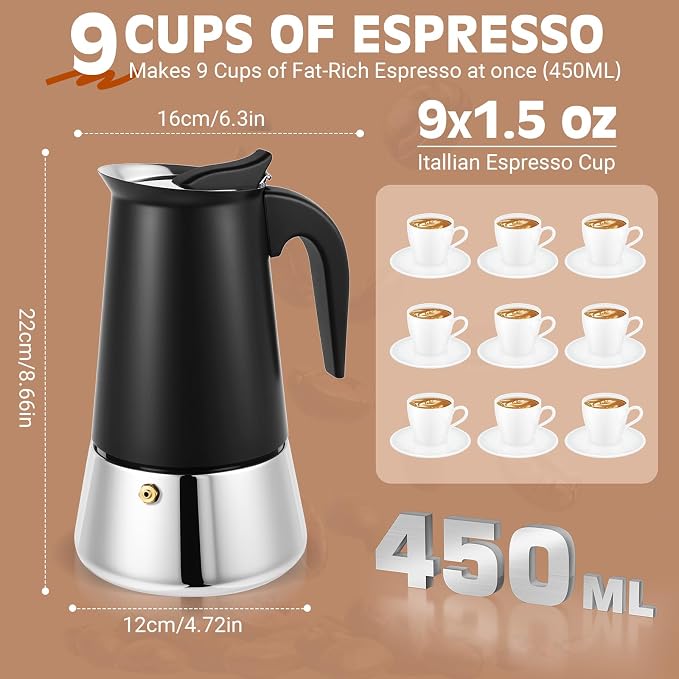 9 Cup Stainless Steel Moka Pot, 450ml Stovetop Espresso Maker, Black - Image 6