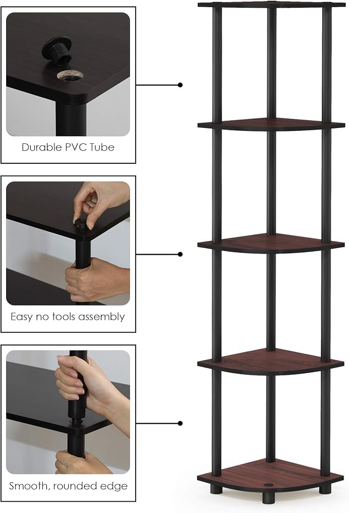 Furinno TURN-N-TUBE Corner Shelf, 5-Tier Corner Bookshelf, Open Storage Shelves, for Organization and Storage, Living Room, Home Office, Garage, Bedroom, Dark Cherry - Image 7