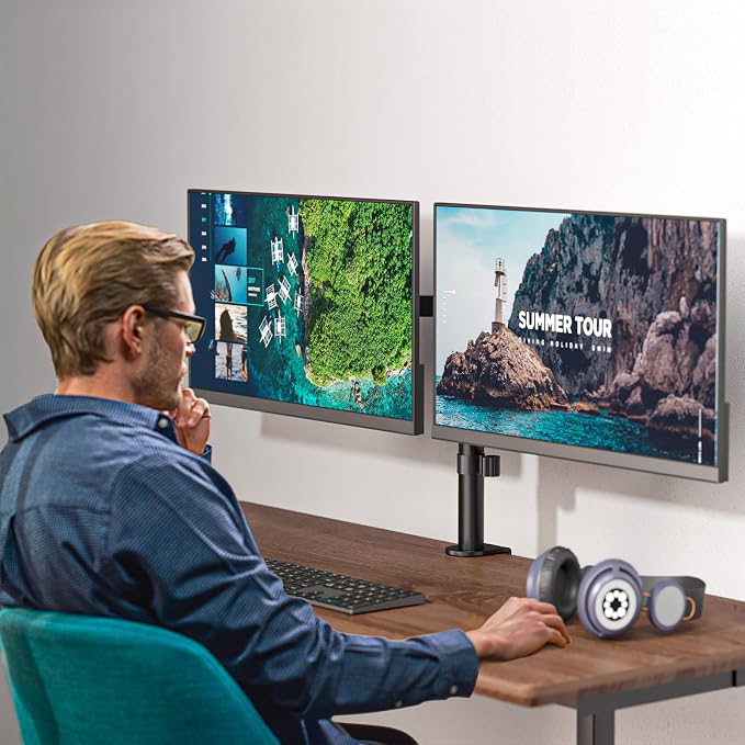 WALI Dual Monitor Stand for Desk, Dual Monitor Mounts for 2 Monitors up to 27 inch, 2 Monitor Desk Mount Holds up to 22 lbs, Height Adjustable Swivel Tilt Rotation, 75x75/100x100mm (M002), Black - Image 7