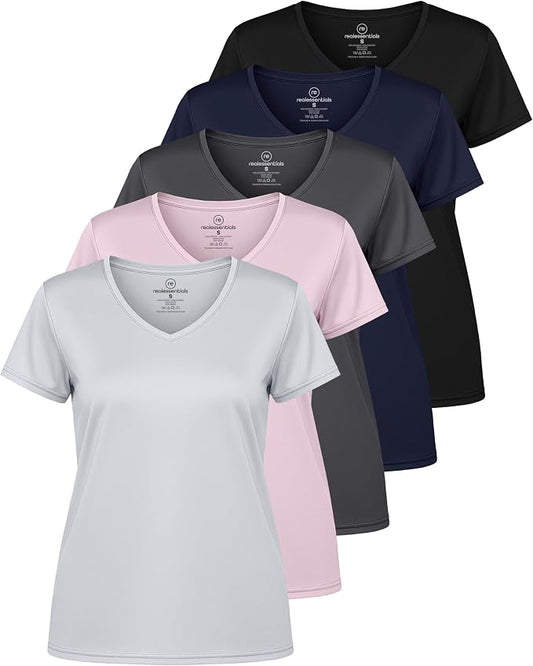 5 Pack Women's Dry Fit V Neck Workout Tops T Shirts Athletic Gym Yoga Tees | Available In Plus Size, Cooling Moisture-Wicking, Short Sleeve, Quick-Dry, Fitness, Stretch, Exercise, Running, Hiking by RealEssentials