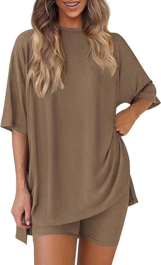 PRETTYGARDEN Women 2 Piece Lounge Set 2026 Summer Casual Oversized Shirts Biker Shorts Matching Airport Travel Outfit Clothes by PRETTYGARDEN