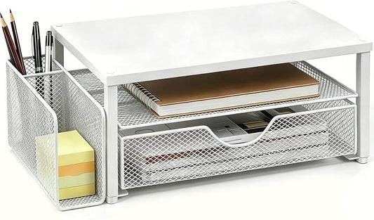 Spacrea Desk Organizer and Accessories, Computer Monitor Stand Riser with Drawer and 1 Open Pen Holder, Printer & Laptop Stand, Office Desk Accessories for Home Office Supplies (White) by Spacrea